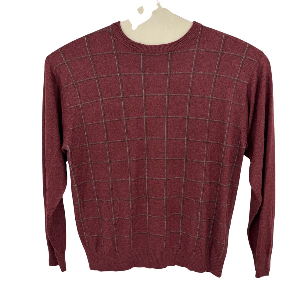 Northern Isles Sweater Mens Large Burgundy Silk Cashmere Plaid Pullover Heritage